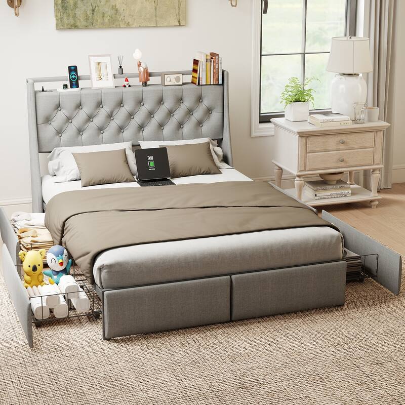 Queen Metal Platform Bed Frame - Grey, Storage Headboard with RGB LED & Charging Station - Grey