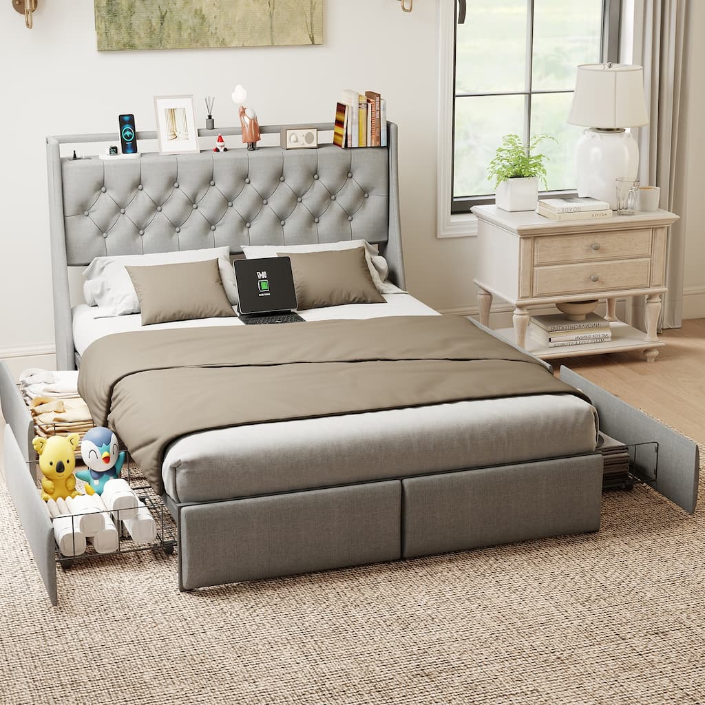 Queen Metal Platform Bed Frame - Grey, Storage Headboard with RGB LED & Charging Station