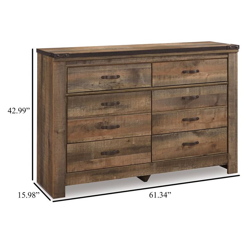 Zoey Wide Dresser, 6 Wide Storage Drawers, Rustic Brown Plank Details