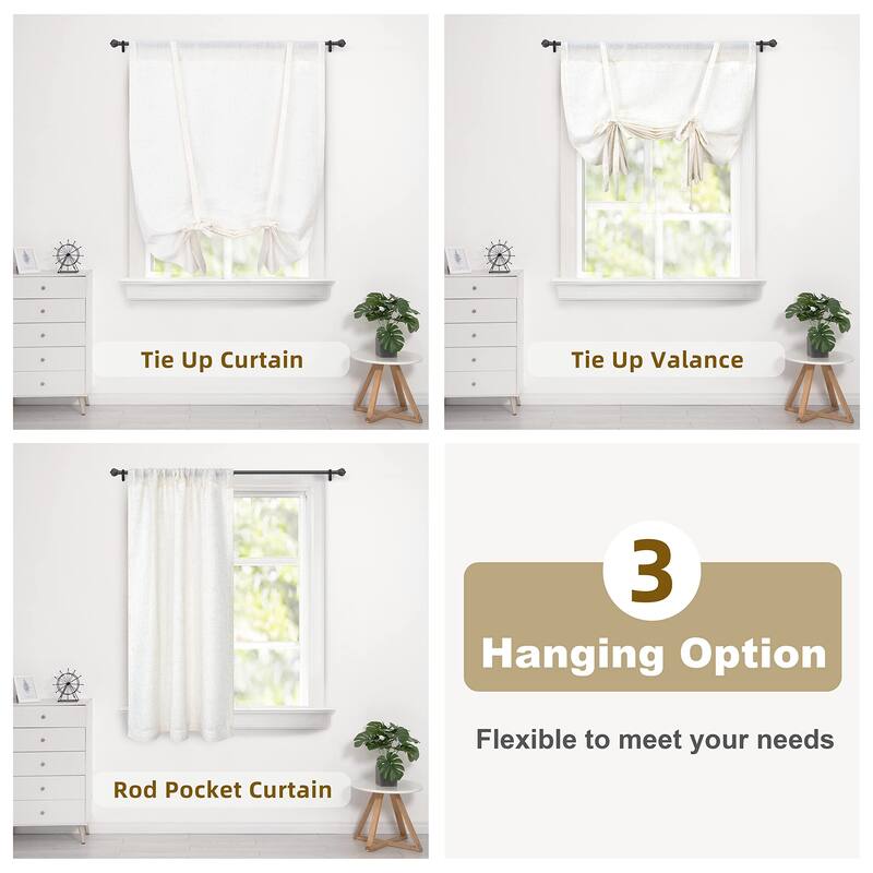 DriftAway Solid Linen Blend Sheer Voile Tie Up Decorative Adjustable Balloon Rod Pocket Curtains for Small Window