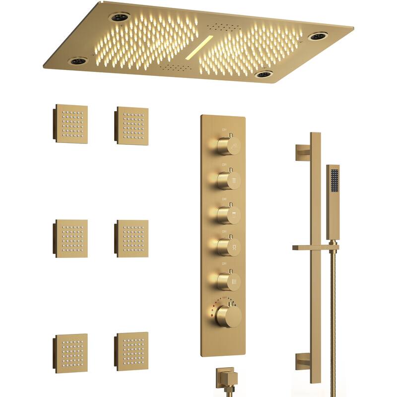 GRANDJOY LUXURY Shower Faucet Set 28"*16" Ceiling Mount Shower Head Body Jets Handheld Spray with Slide Bar LED Music