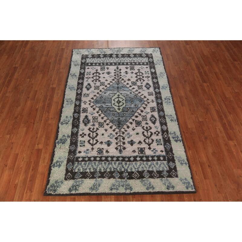 Geometric Plush Moroccan Shaggy Rug Hand-Knotted Wool Carpet - 4'11" x 8'3"