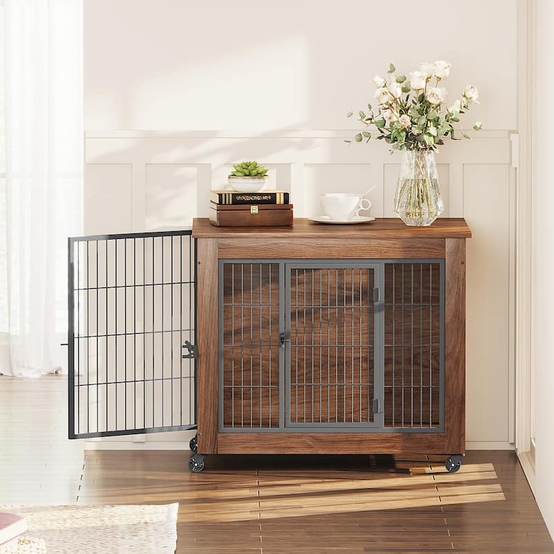 32.5" Dog Crate Furniture with Wheels for Small Dogs, Heavy Duty Dog Kennel Indoor with 2 Doors, Dog Cage for Anxiety Dog