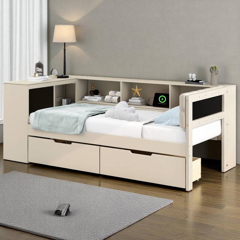Wood Twin/Full Platform Bed with Upholstered Headboard, Storage Shelves, Drawers and Charging Station, No Box Spring Needed
