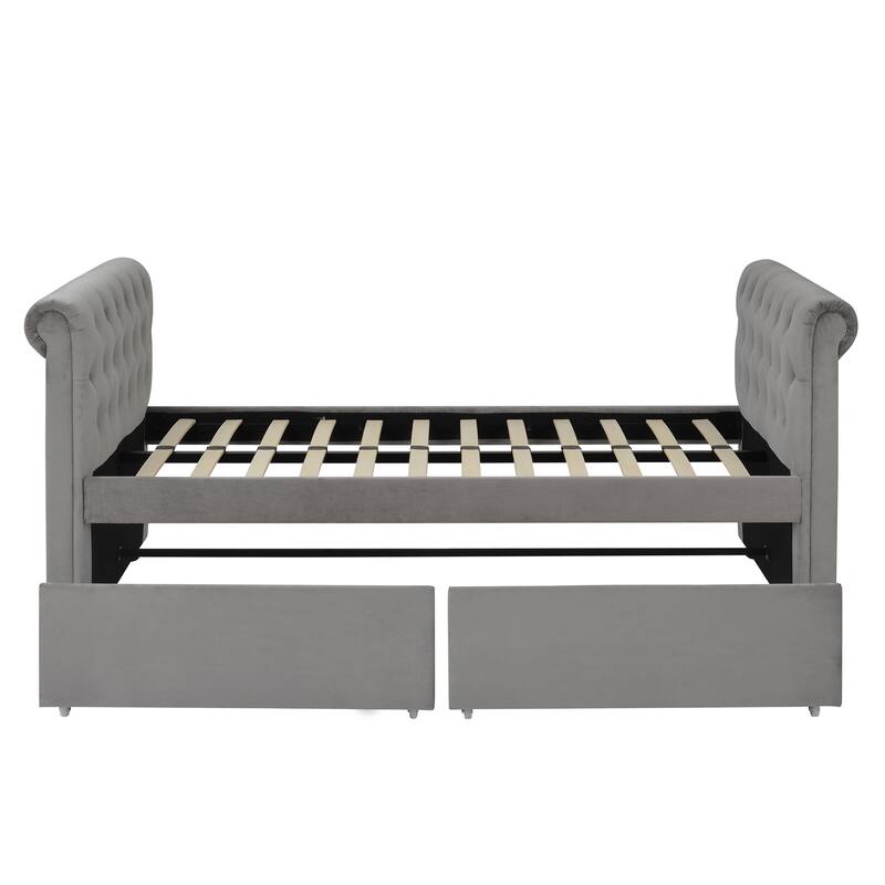 Twin Size Upholstered Daybed with Drawers, Wood Slat Support, No Box Spring Needed