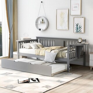 Twin Size Vertical Slats Style Daybed Wood Sofa Bed with Trundle & 2 ...