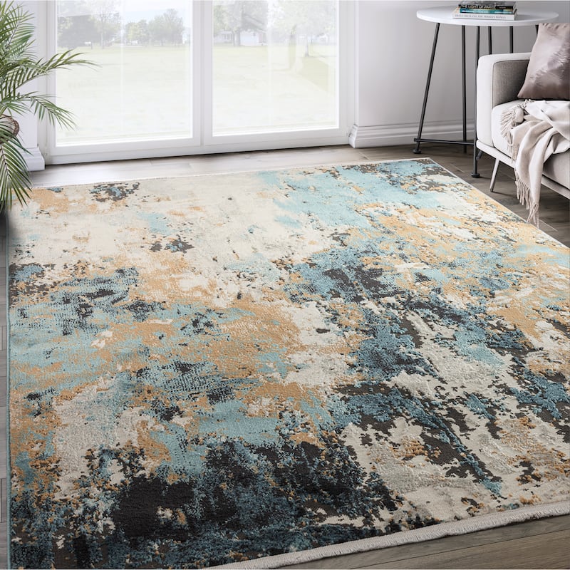 Abani Azure Collection Abstract Green Blue Grey Area Rug - 6' x 9' - Grey