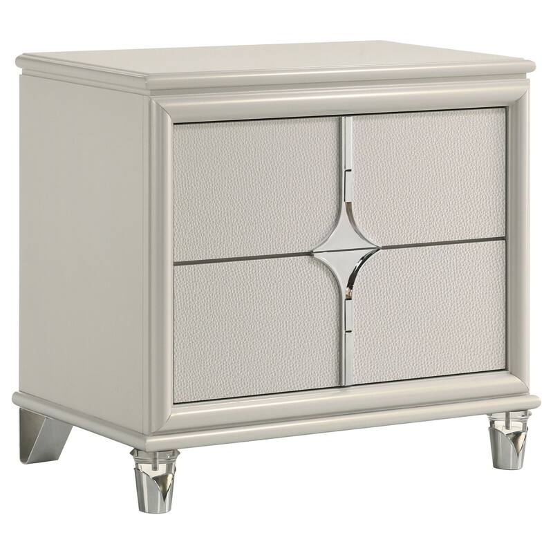 Pearl White 2-Drawer Nightstand with Diamond Star Design, Chrome Pulls, Acrylic Legs and Cord Management