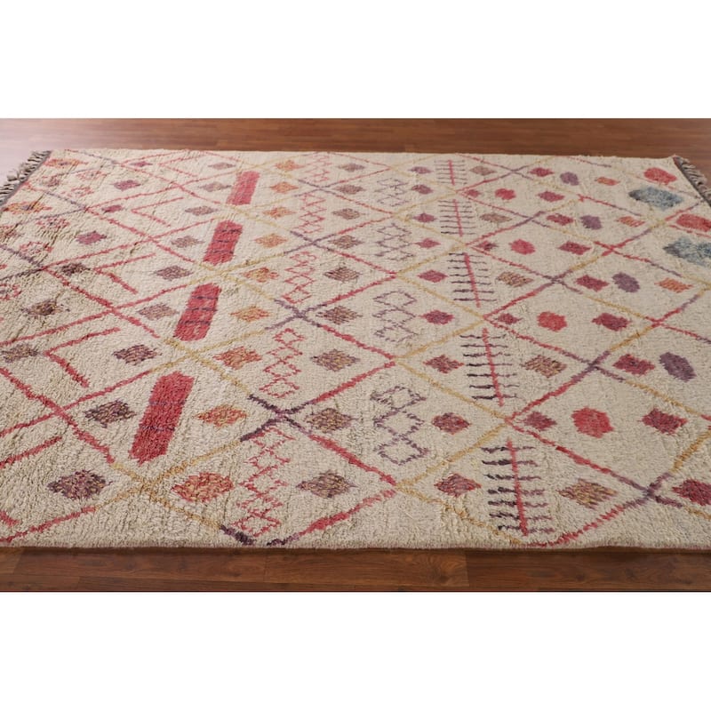 Tribal Moroccan Area Rug Handmade Beige Wool Carpet - 7'0" x 10'4"