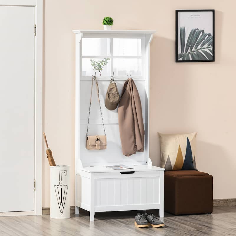 HOMCOM Coat Rack Shoe Bench with Storage 4 In 1 Hall Tree for Entryway Hallway Organizer with Cabinet 3 Hooks Mirrors White