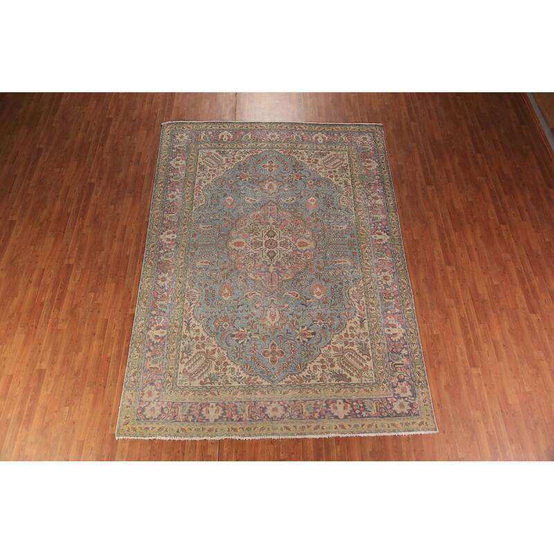 Light Blue Tabriz Persian Area Rug Hand-Knotted Floral Wool Carpet - 8'1"x 11'5"
