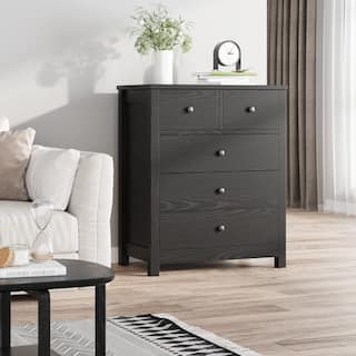 Black Dresser for Bedroom, 5 Drawer Dresser with Metal Handle, Wood Dresser Organizer with Deep Space