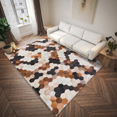 Indoor/ Outdoor Laredo Micro Hexegon Faux Hide Patchwork Washable Area Rug