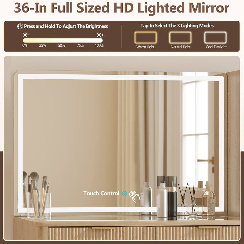 Modern Fluted Makeup Vanity Desk with Lighted Mirror, Dressing Table