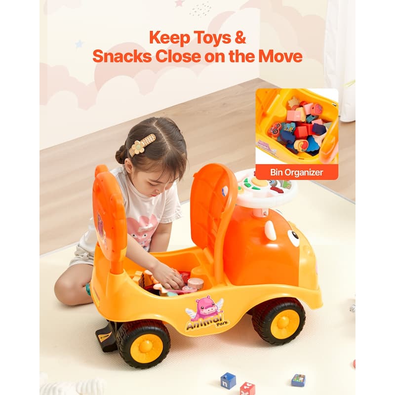 Kids Ride-On Toy with Music, Horn, and Under-Seat Storage - 19.7 x 9.4 x 16.3 in
