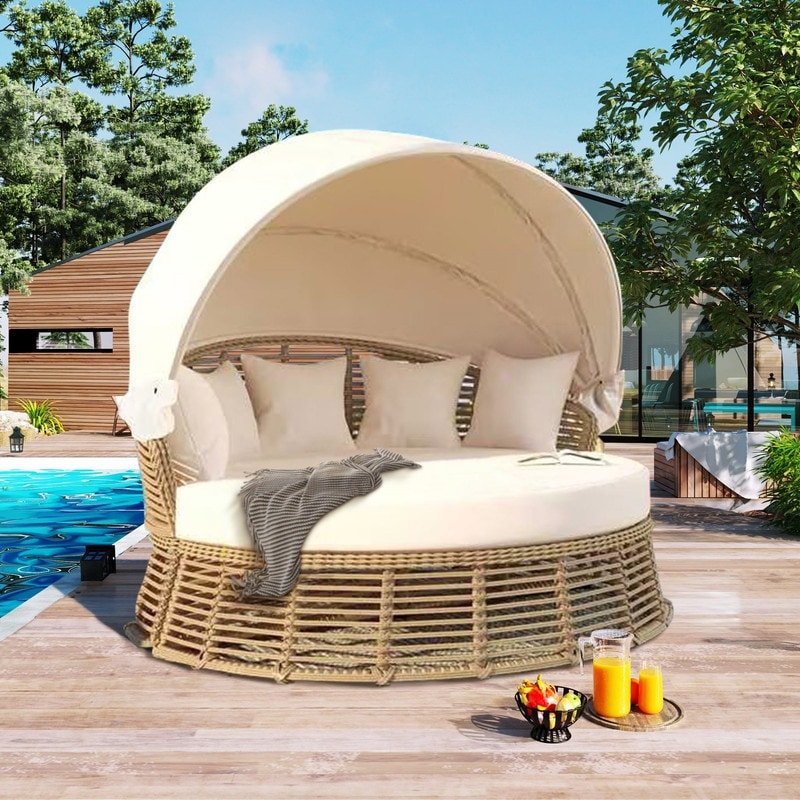 Rattan Outdoor Patio Daybed with Retractable Canopy and Cushions for Relaxing Poolside Comfort