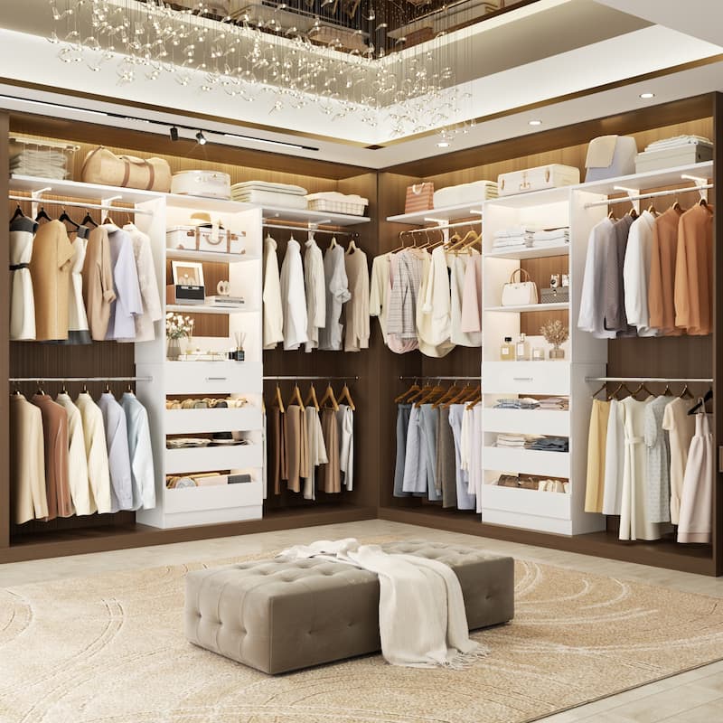 96'' Closet Organizer System with Wood Drawers, Wardrobe with Storage Shelves and 4 Hanging Rods