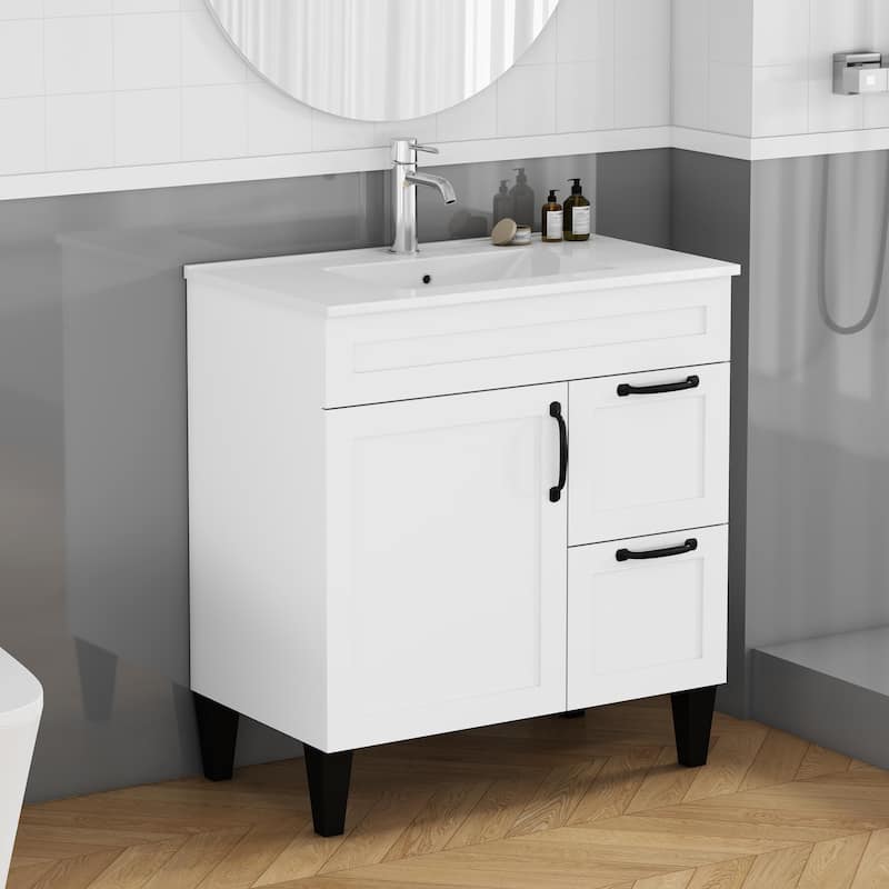 36" Bathroom Vanity with Ceramic Sink - Soft-Close Drawers, Solid Wood Frame, Multi-Organizer Storage - Blue+Grey