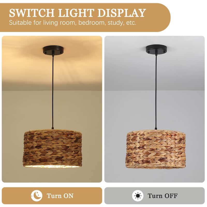 1-Light Hanging Kitchen Pendant Light Island Chandelier Fixture with Rattan Cover for Dining Room