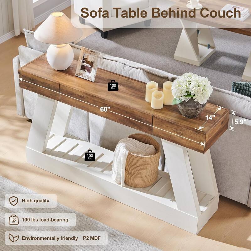 60" Farmhouse Entryway Table with Drawer, Entry Table, Foyer Table