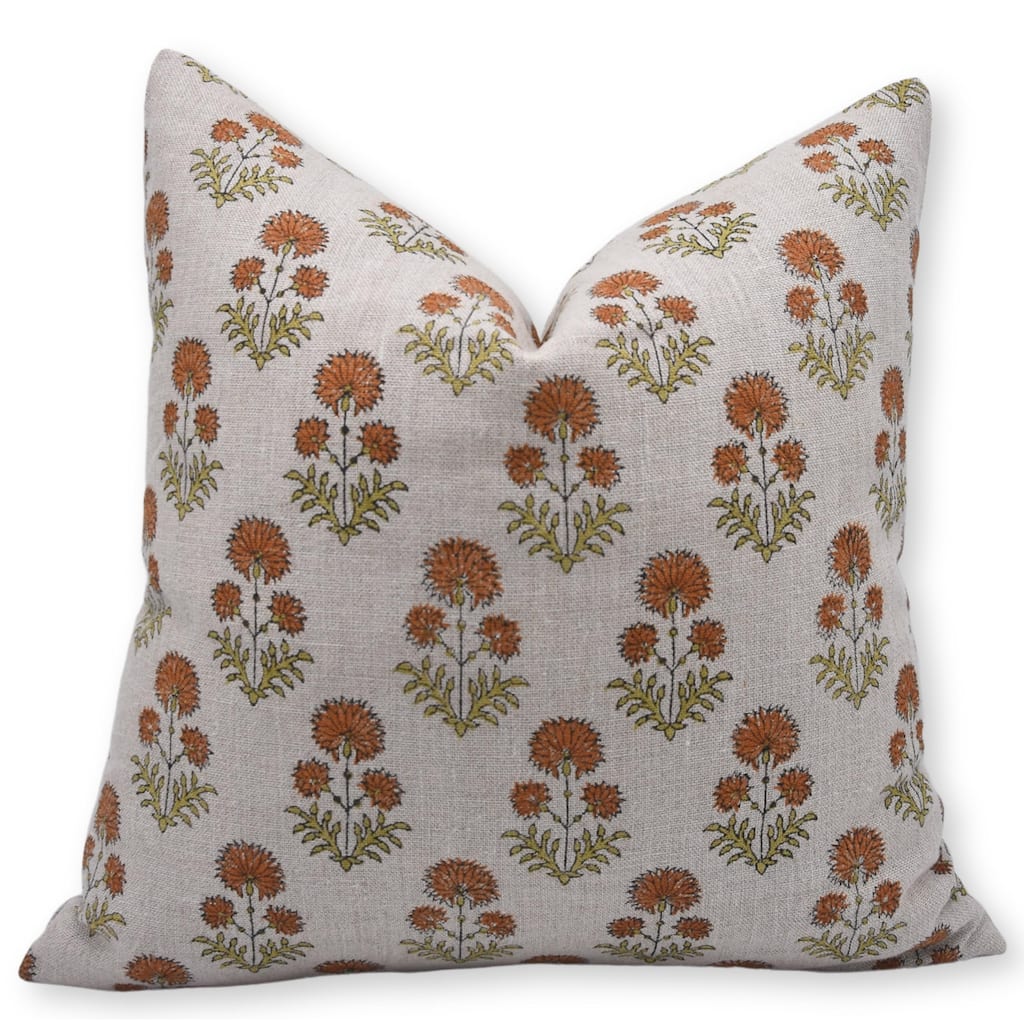 Fabdivine Heavy Linen Floral Throw Pillow Cover for Cozy Room Home Fall Decor or Farmhouse Block Print, Mustard, Rishi