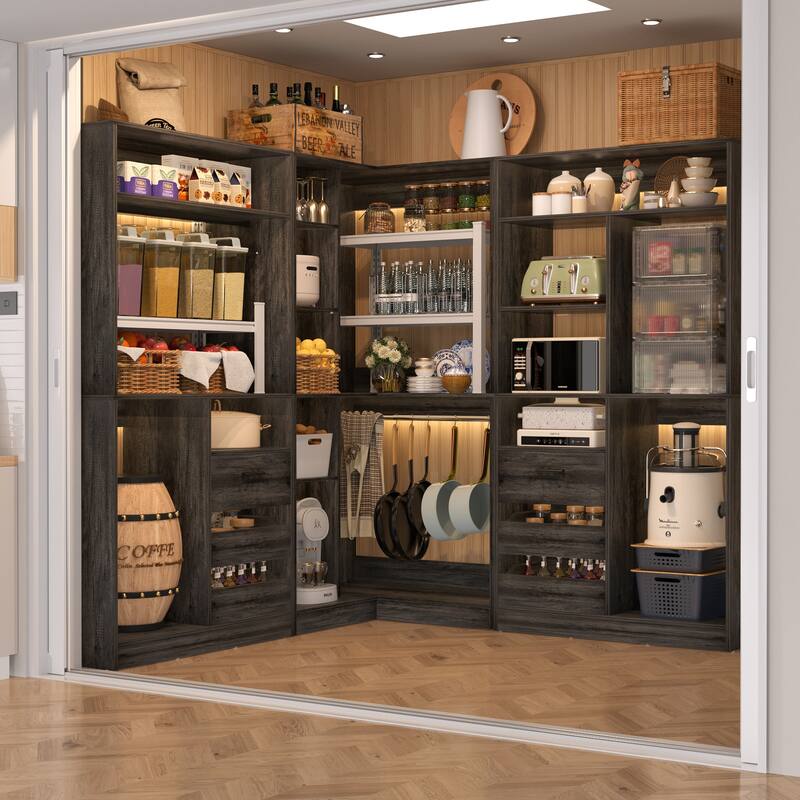 Qvella 72"-108" Closet System with Drawers and Hanging Rods,Freestanding Walk-in Closet Organizer System Wardrobe Closet Tower