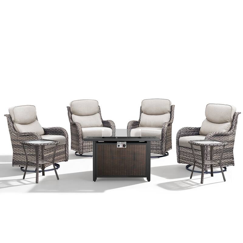 Meyreso 7-Piece Outdoor Patio Wicker Fire Pit 4 person Conversation Set with 5-Inch Thick Cushions