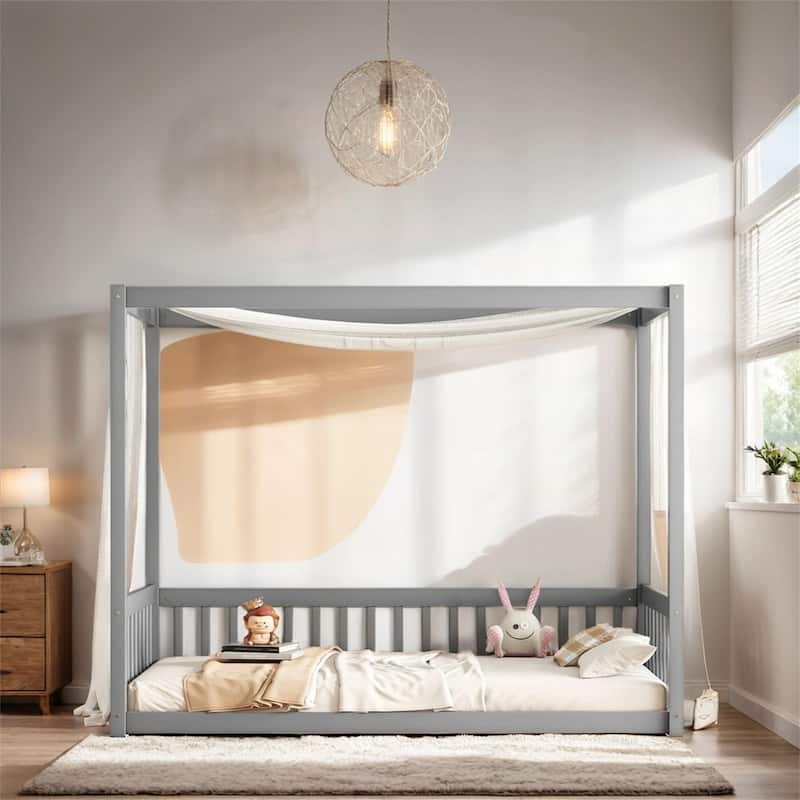 Twin Size Canopy Frame Floor Bed with Fence,Guardrails