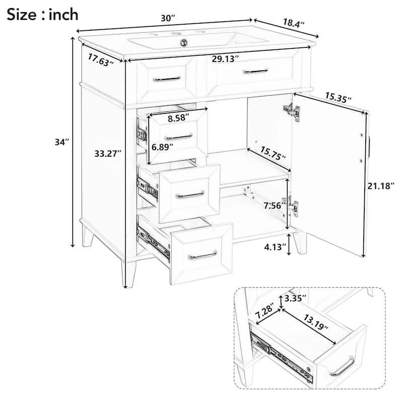 30" Bathroom Vanity with Ceramic Sink, Adjustable Shelf, Soft Close Door, and Three Soft Close Drawers