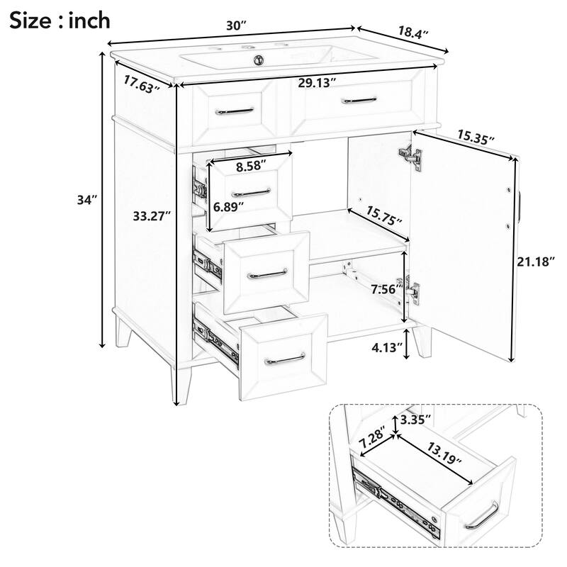 Traditional 30 Inch Bathroom Vanity with Sink, 3 Soft-Close Drawers, Adjustable Storage, Gold Hardware, Freestanding