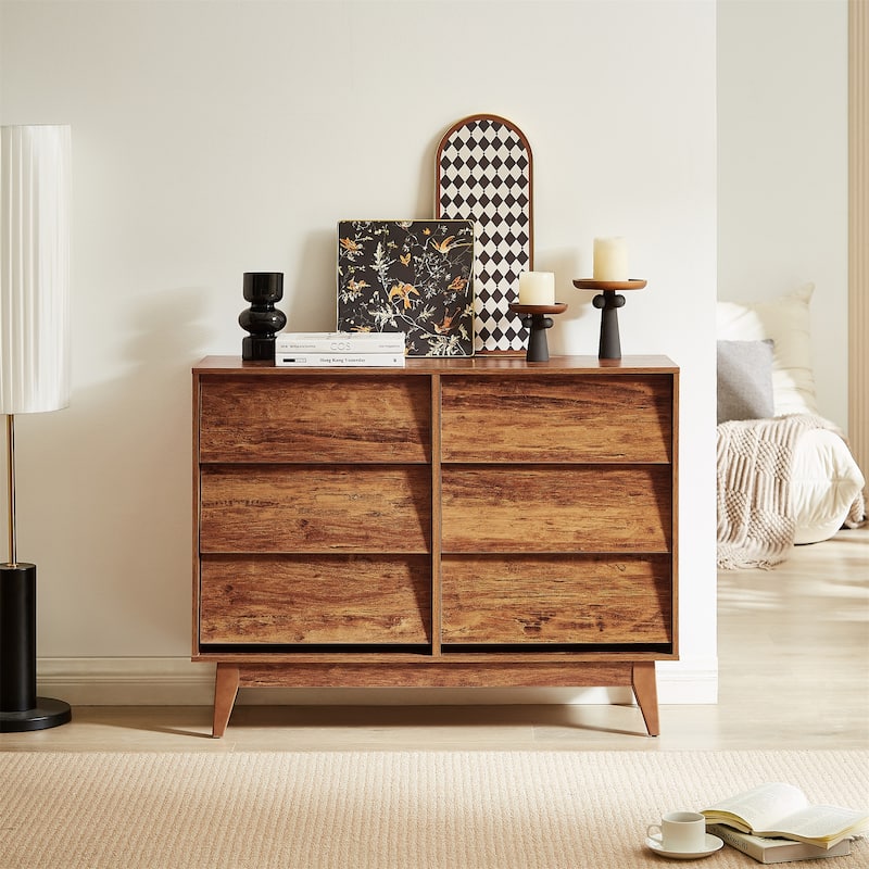 Vintage 6 Drawer Dresser with Bevel Design - Brown