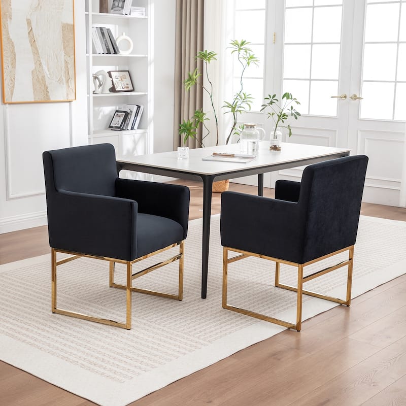 SEYNAR Modern Velvet Accent Arm Dining Chair Set of 2 with Metal Legs - Black