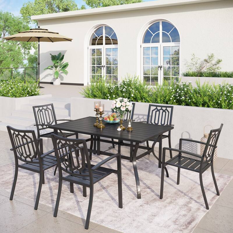 MAISON ARTS Patio Dining Set 7 Piece Metal Rectangle Table and 6 Metal Chairs - Fashion Chairs
