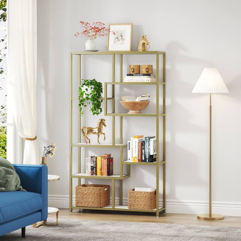 5 Tier Etagere Bookcase Bookshelf with 8-Open Shelves for Living Room - Gold/White
