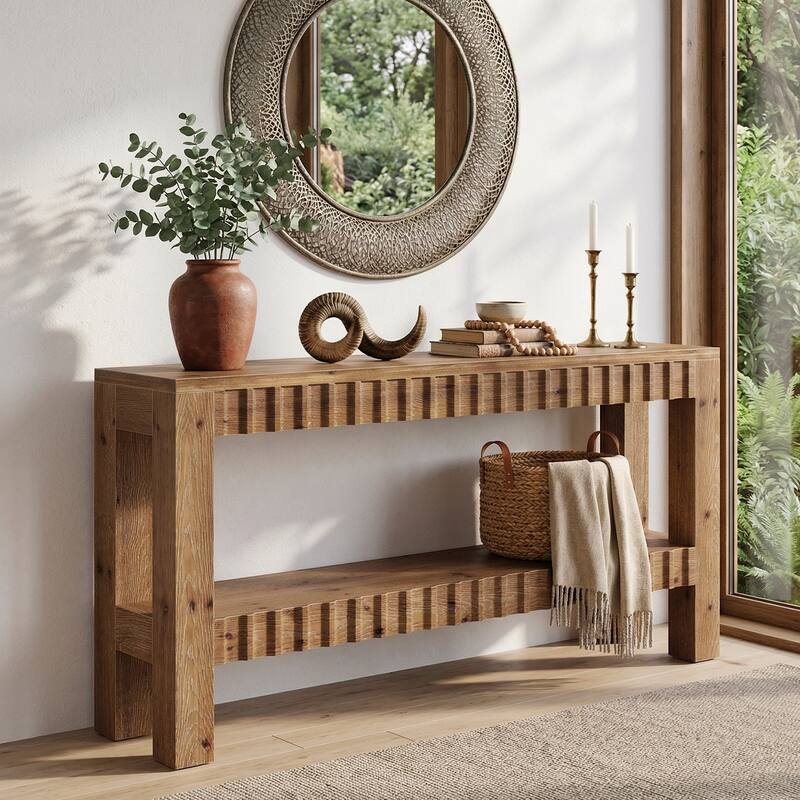 63 Inch Solid Wood Console Table for Entryway, Narrow Long Sofa Table with Storage Shelf, Farmhouse Style - Rustic Brown