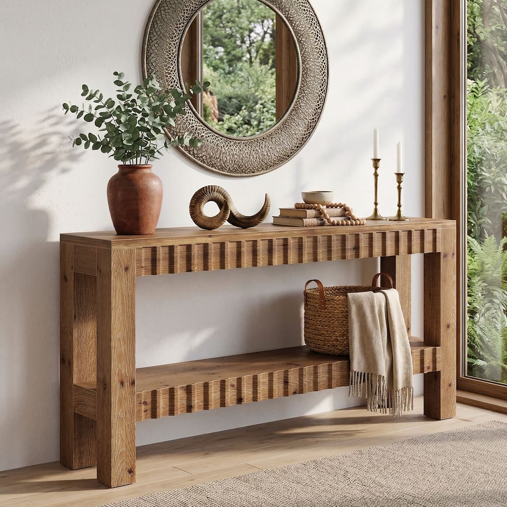63 Inch Solid Wood Console Table for Entryway, Narrow Long Sofa Table with Storage Shelf, Farmhouse Style