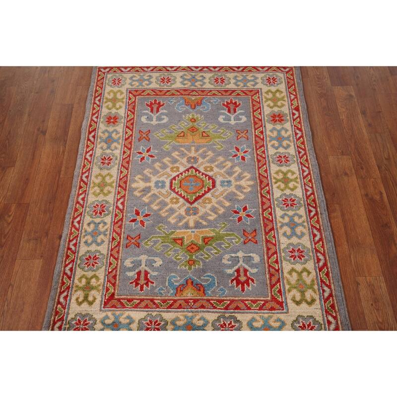 Geometric Gray Kazak Accent Rug Hand-Knotted Wool Carpet - 2'10" x 3'10"