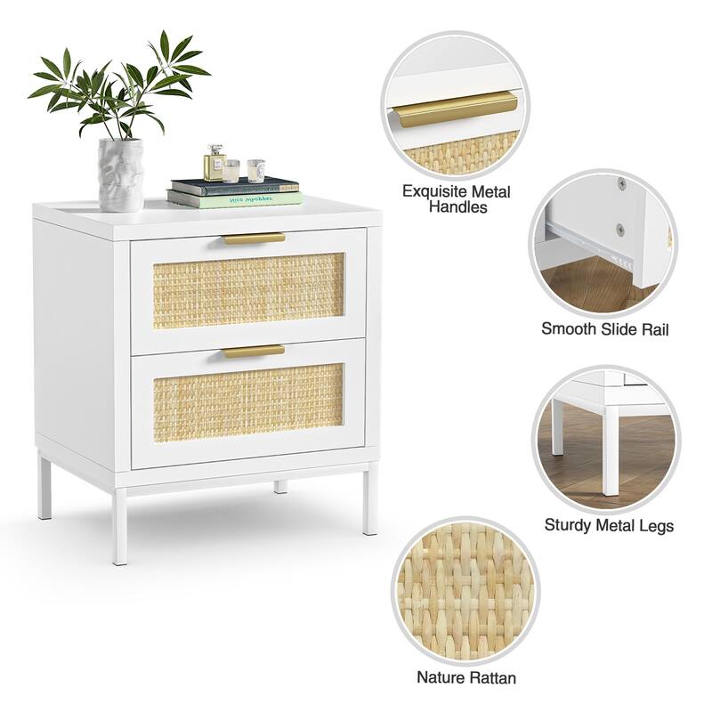 Anmytek Modern 2-Drawer Rattan White Nightstand Sofa End Table with Storage for Bedroom