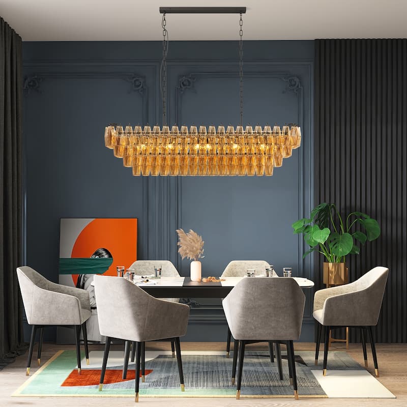 Anmytek 54" Black 12-Light Smoke Glass Chandelier Modern Farmhouse Lighting for Dining Room Kitchen Island