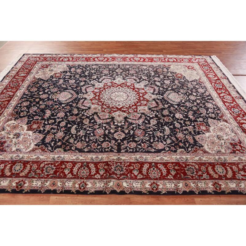 Hand Knotted Oriental Wool & Silk Carpet Traditional Floral Navy Blue & Blues Tabriz Area Rug - 9' 8'' X 7' 10''