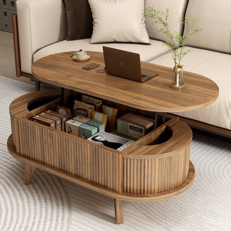 Fluted Lift Top Coffee Table with Hidden Compartment, Wooden Center Table, Modern Oval Lift Tabletop for Home Living Room - Walnut Brown