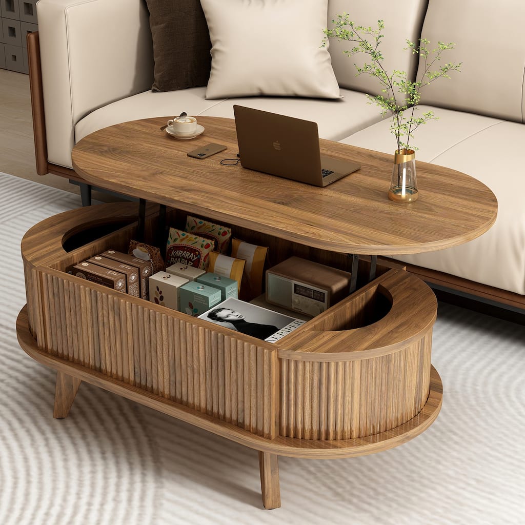 Fluted Lift Top Coffee Table with Hidden Compartment, Wooden Center Table, Modern Oval Lift Tabletop for Home Living Room