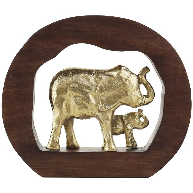Aluminum Metal Elephant Decorative Sculpture with Brown Wooden Frame - Gold - Roche River Decor