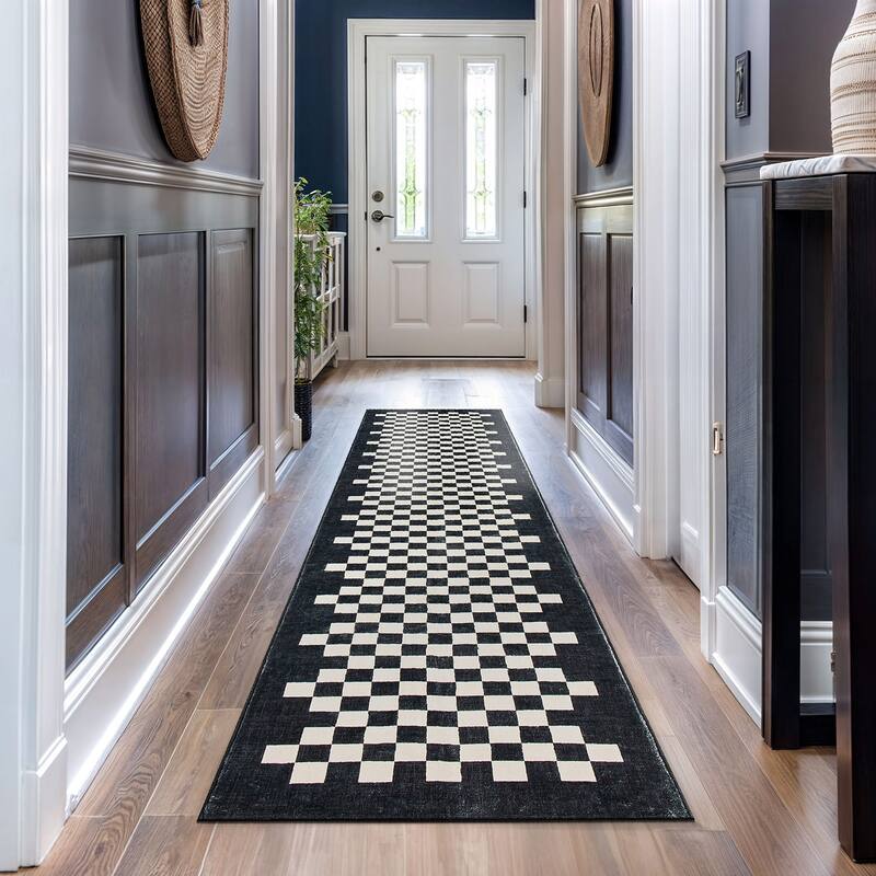 World Rug Gallery Contemporary Checkered Border Washable Non Slip Area Rug - 2'x10' Runner