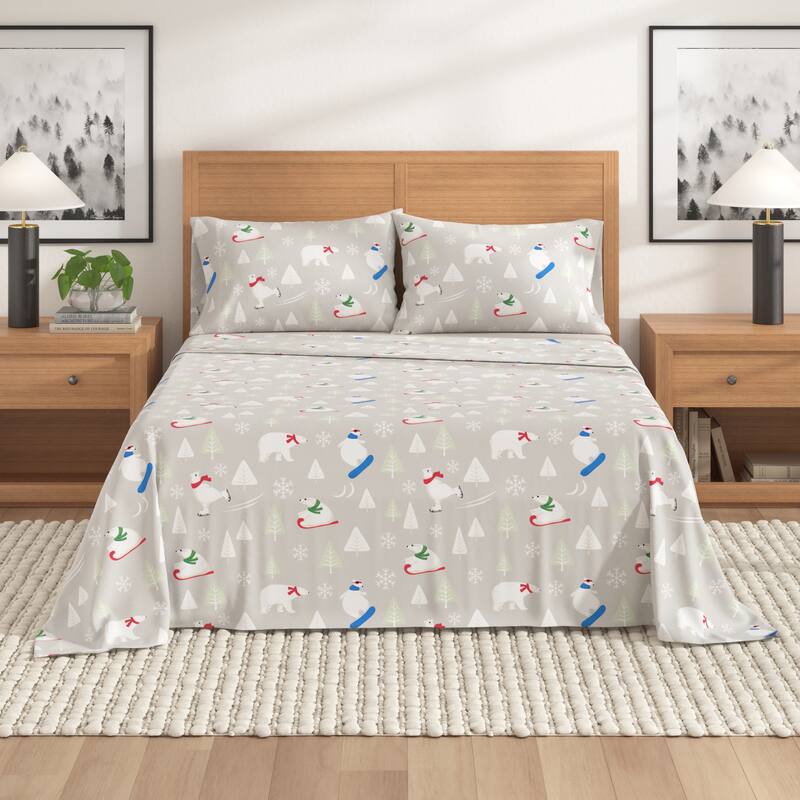 Linery & Co. Turkish Cotton Double-Brushed Christmas Flannel Bed Sheet Set - Full - Polar Bears