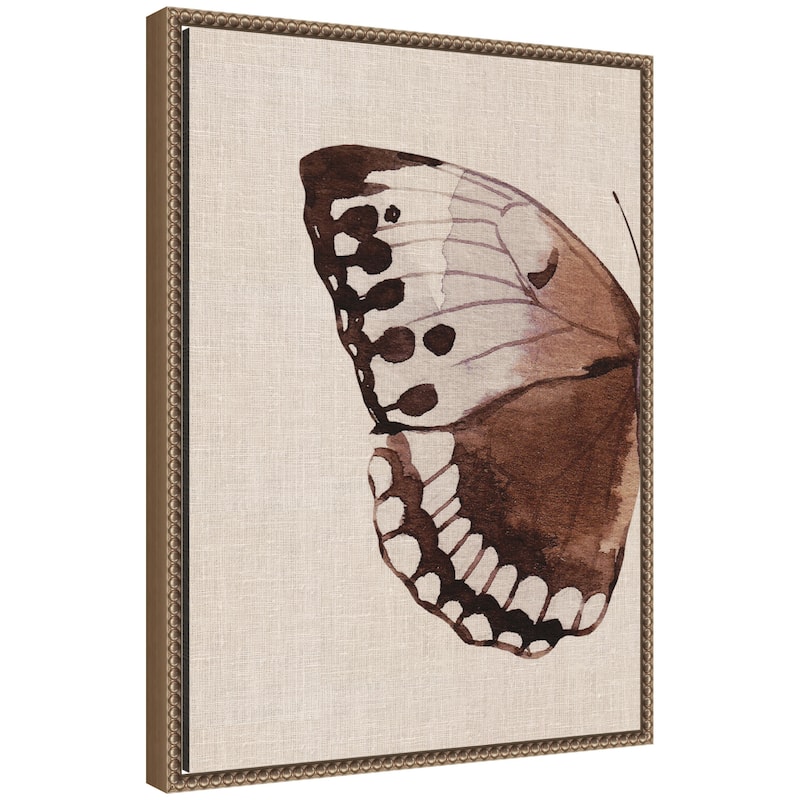 Kate and Laurel Sylvie Retro Butterfly Watercolor Diptych Neutral Burlap Left Framed Canvas by The Creative Bunch Studio - 18x24 - Gold