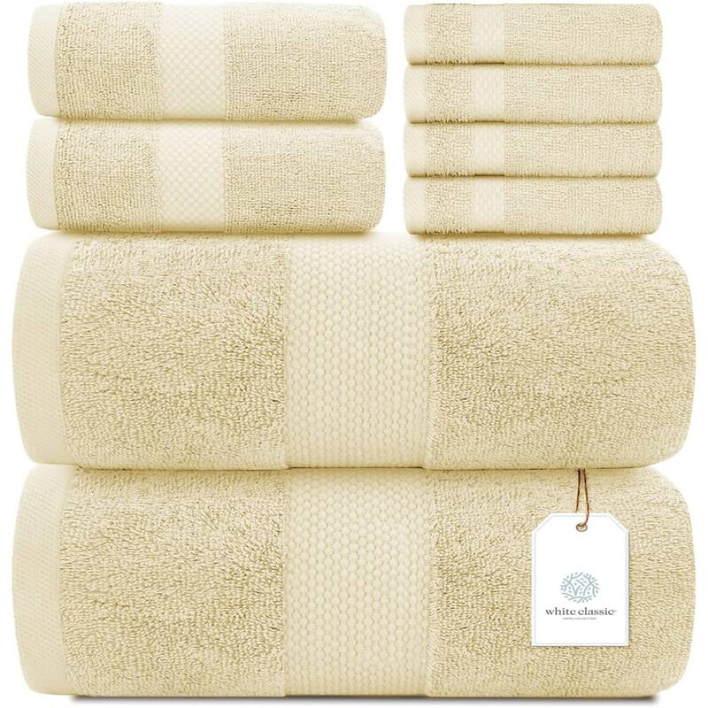 White Classic Luxury Cotton 8Pc Multi Size Towel Set [2 Bath Towels, 2 Hand Towels, 4 Washcloths]