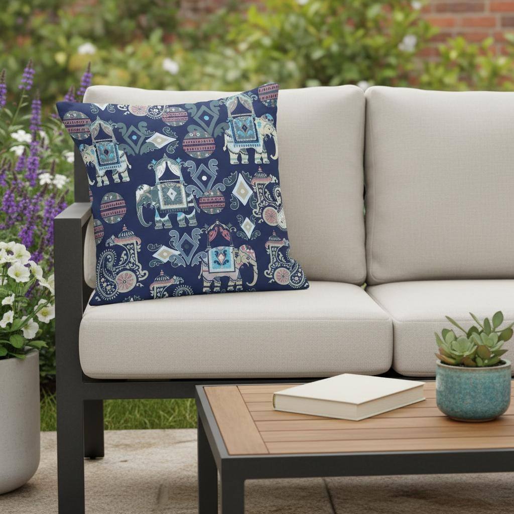 HomeRoots Set of Two 16" X 16" Blue and Gray Elephant Blown Seam Eclectic Indoor Outdoor Throw Pillow - 16.00' X '16.00' X '5.00