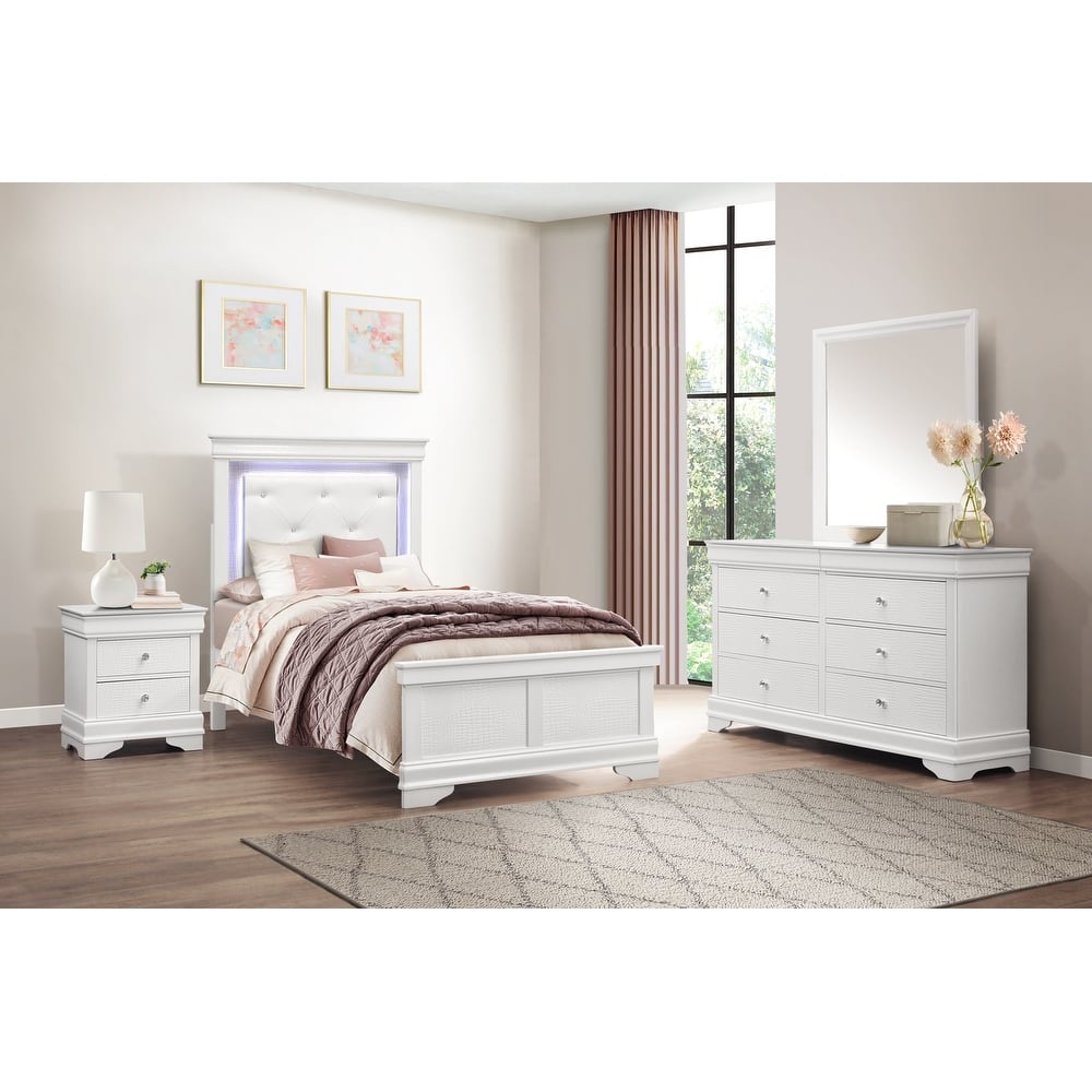 Glam Bedroom Furniture Set White Finish LED Upholstered Bed
