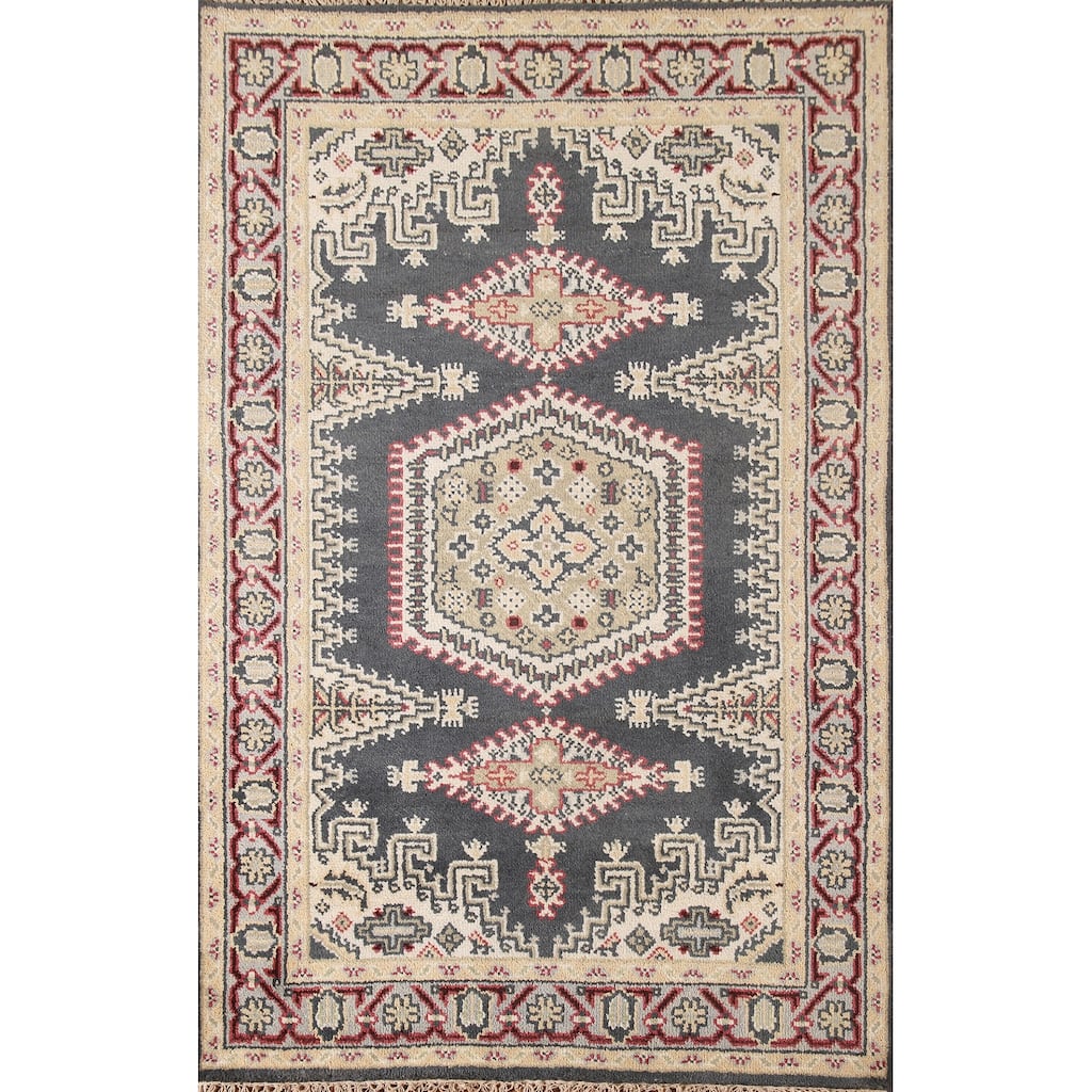 Geometric Heriz-Serapi Accent Rug Hand-Knotted Oriental Wool Carpet - 4'0"x 6'0"